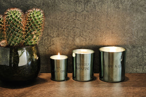 Auf einer Holzplatte drei Duftkerzen aus Sojawachs in drei verschiedenen grünen metallischen Gläser mit Beschriftung auf der außen Seite. Neben den Kerzen  steht ein Übertopf aus Glas mit einem Kakteen.