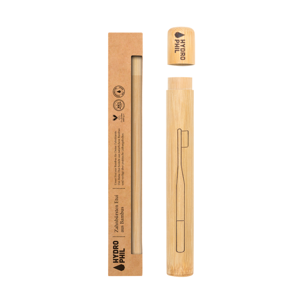 Bambus Zahnbürsten Etui mit Verpackung, in Naturfarbe. Umweltfreundlich & biologisch abbaubar von Hydrophil