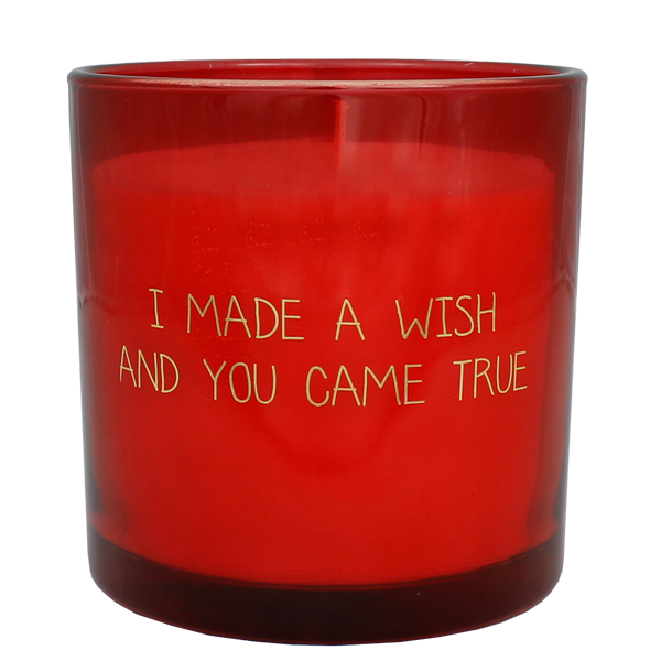 Bio Duftkerze Sojawachs mit Vanille Duft in einem feuerfesten roten Glas und die Beschriftung "I made a wish and you came true"