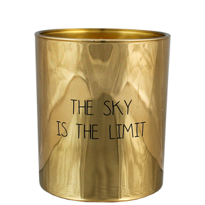 bio Duftkerze Sojawachs und ein einheitliches metallisches goldenes Glas mit der Beschriftung The sky is the limit.