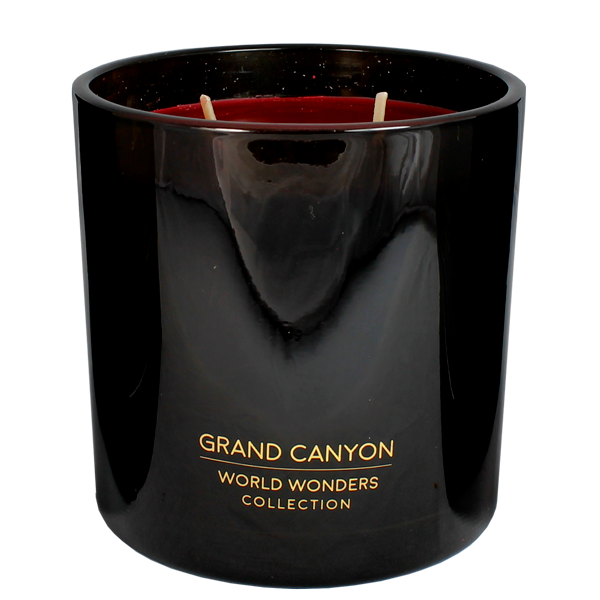 Bio Duftkerze aus Sojawachs im schwarzen Glas. Die Außenseite hat eine goldene Beschriftung Grand Canyon World Wonder Collection