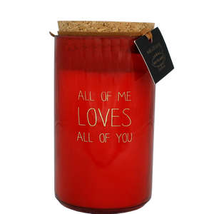 Bio Duftkerze Sojawachs mit Vanille in einem feuerfesten roten Glas mit Korkdeckel und die Beschriftung "All of me loves all of you"