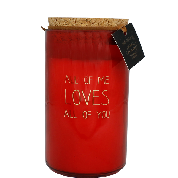 Bio Duftkerze Sojawachs mit Vanille in einem feuerfesten roten Glas mit Korkdeckel und die Beschriftung "All of me loves all of you"