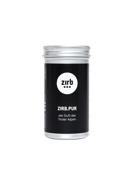 Eine metalische Dose von Zirbenöl mit einer schwarzen Etikette und die Beschriftung ZIRB:PUR.  